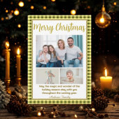 Olive Gingham Plaid 3 Photo Christmas Feestdagenkaart