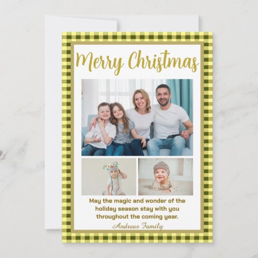 Olive Gingham Plaid 3 Photo Christmas Feestdagenkaart (Voorkant)