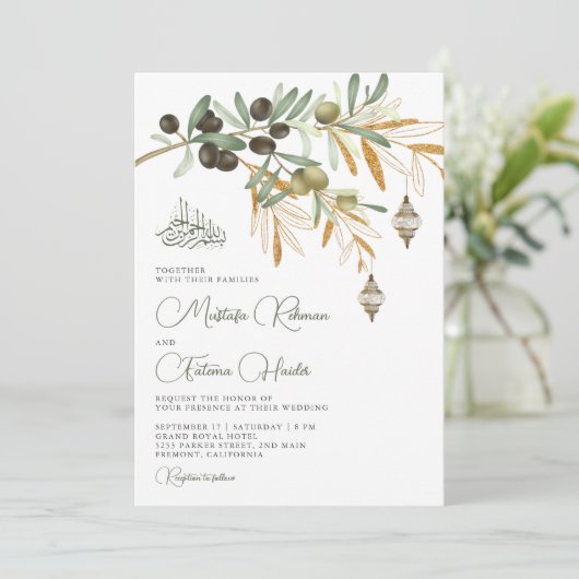 Olive Gold Branch Arabian Lantern Islamic Wedding Kaart (Staand voorkant)