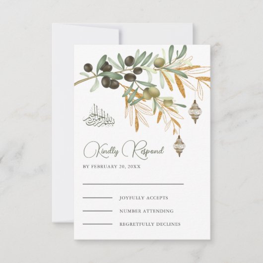 Olive Gold Branch Arabian Lantern Islamic Wedding RSVP Kaartje (Voorkant)