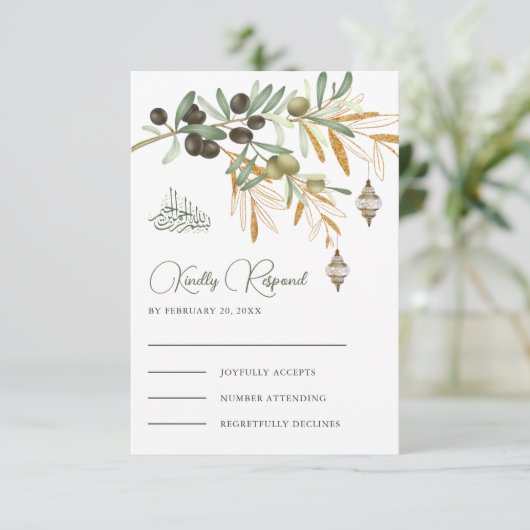 Olive Gold Branch Arabian Lantern Islamic Wedding RSVP Kaartje (Staand voorkant)