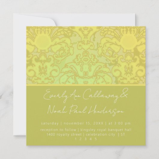 Olive & Gold Damask Wedding Invitation Kaart (Voorkant)