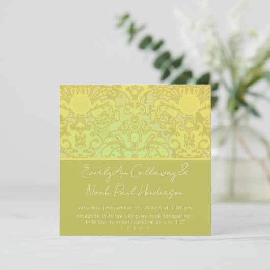 Olive & Gold Damask Wedding Invitation Kaart (Staand voorkant)
