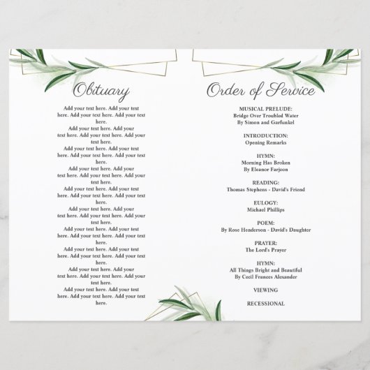 Olive Gold Order of Service Memorial Photo Program (Achterkant)