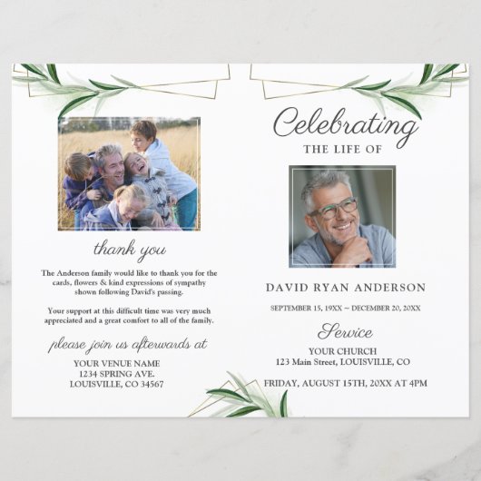 Olive Gold Order of Service Memorial Photo Program (Voorkant)