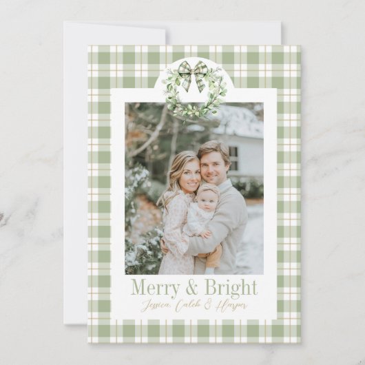Olive Gold Plaid Krans Preppy Bow Kerst Kaart (Voorkant)