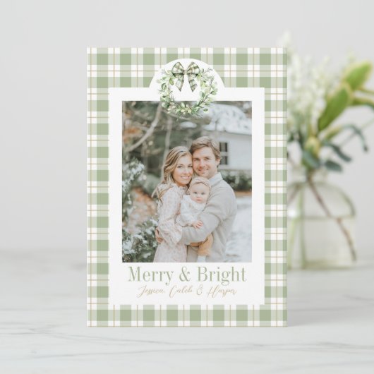 Olive Gold Plaid Krans Preppy Bow Kerst Kaart (Staand voorkant)