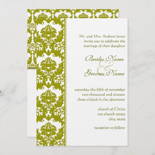 Olive Golden Limoen Damask Wedding Invitations Kaart (Voorkant / Achterkant)