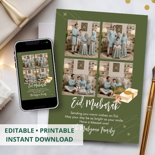 Olive Green 4 Photo Collage Eid Mubarak Card Feestdagenkaart