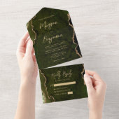 Olive Green Agate Gold Script Wedding All In One Uitnodiging (Afscheurbaar)