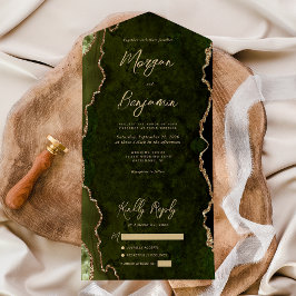 Olive Green Agate Gold Script Wedding All In One Uitnodiging