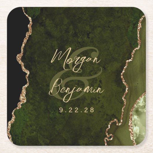 Olive Green Agate Gold Script Wedding Kartonnen Onderzetters (Voorkant)