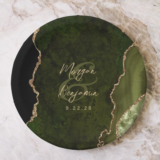 Olive Green Agate Gold Script Wedding Papieren Bordje