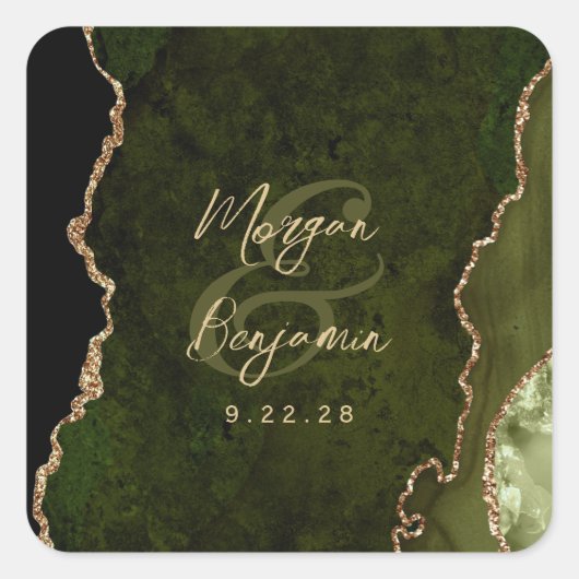 Olive Green Agate Gold Script Wedding Vierkante Sticker (Voorkant)