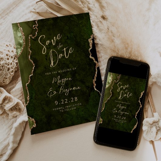 Olive Green Agate Script Wedding Save the Date Kaart