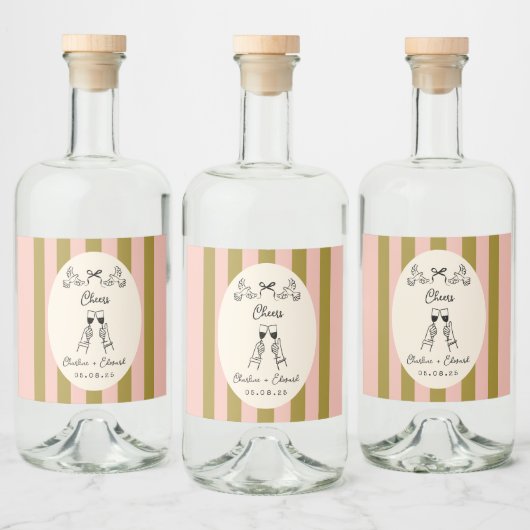 Olive Green and Blush Pink Striped Wedding Bottle  Likeurfles Etiket (Flessen)