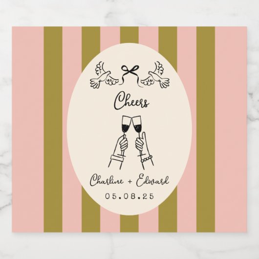 Olive Green and Blush Pink Striped Wedding Bottle  Likeurfles Etiket (Enkel label)