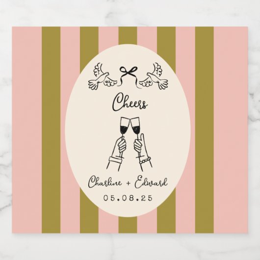 Olive Green and Blush Pink Striped Wedding Bottle  Sparkling Wijnetiket (Enkel label)