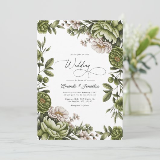 Olive Green and Neutral Floral Wedding QR Code Kaart (Staand voorkant)
