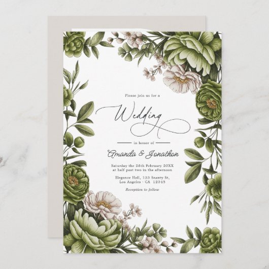 Olive Green and Neutral Floral Wedding QR Code Kaart (Voorkant / Achterkant)