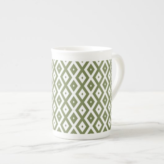 Olive green and white diamond pattern porselein kop (Voorkant rechts)
