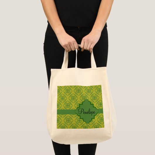 Olive Green Arabesque Moroccan Graphic Pattern Tote Bag (Voorkant (product))
