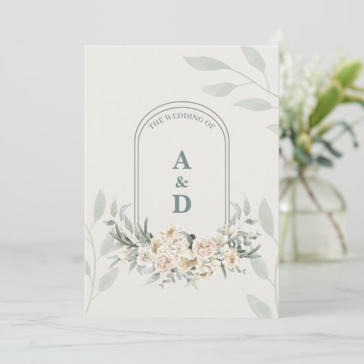 Olive Green Arch Witte Bloemen Huwelijksuitnodigin Kaart (Staand voorkant)