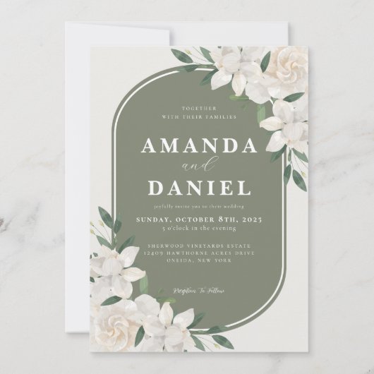 Olive Green Arch Witte Bloemen Huwelijksuitnodigin Kaart (Achterkant)