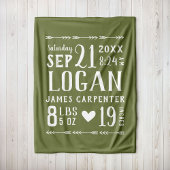 Olive Green Baby Boy Geboortestatistieken Keepsake Fleece Deken