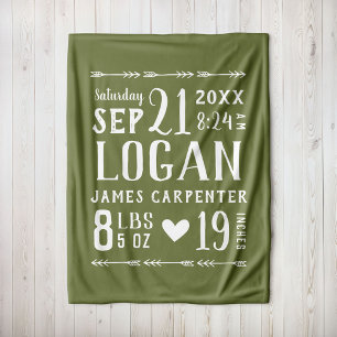 Olive Green Baby Boy Geboortestatistieken Keepsake Fleece Deken