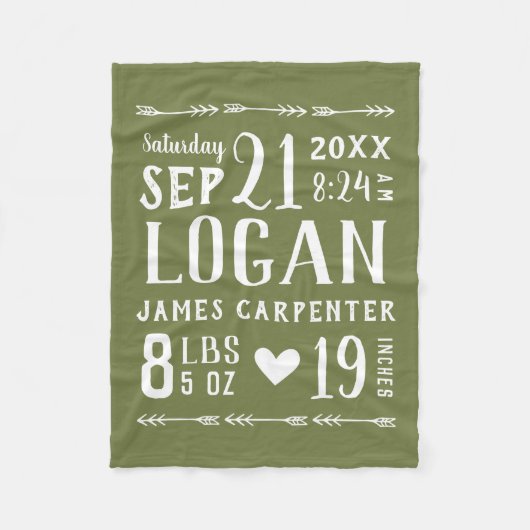 Olive Green Baby Boy Geboortestatistieken Keepsake Fleece Deken (Voorkant)