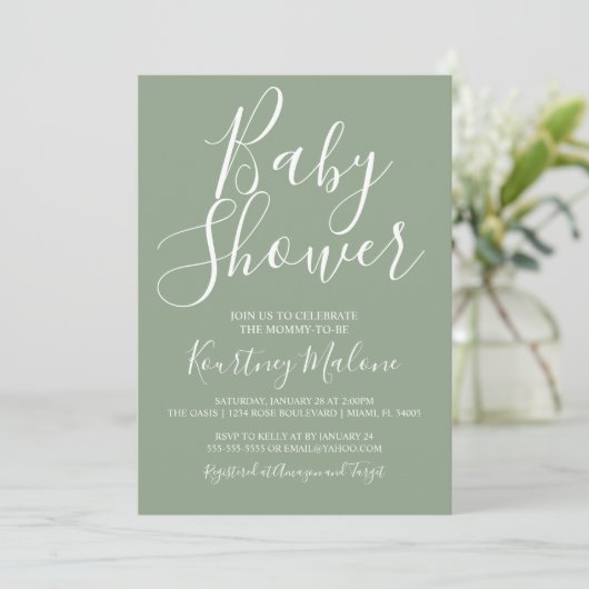 Olive Green Baby shower Fotouitnodiging Kaart (Staand voorkant)