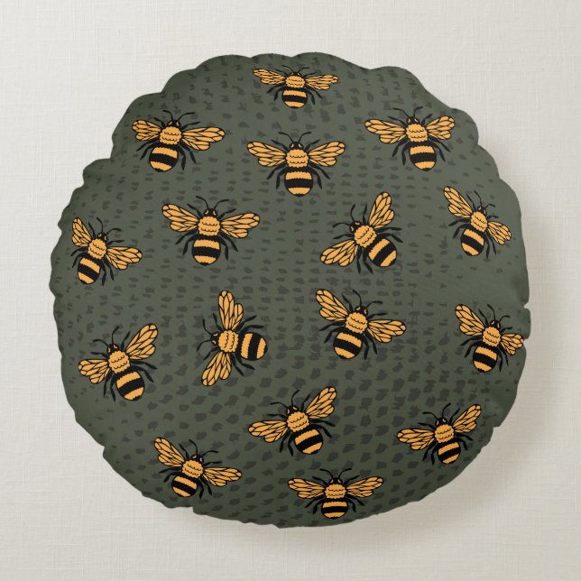 Olive Green Bee Mingle Rond Kussen (Voorkant)