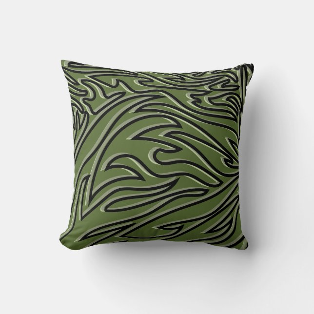 Olive Green & Black Abstract Flame Patroon Kussen (Voorkant)
