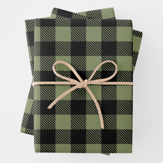 Olive Green Black Buffalo Check Pset Patroon Inpakpapier Vel (In situ)