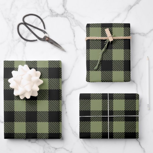 Olive Green Black Buffalo Check Pset Patroon Inpakpapier Vel (Voorkant)