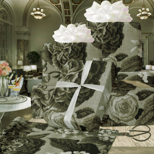 Olive Green Black Vintage Botanic Floral Toile Cadeaupapier