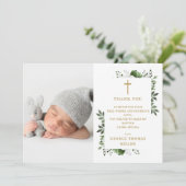 Olive Green Bloemen Foto Doop Doop Doop Bedankkaart (Staand voorkant)