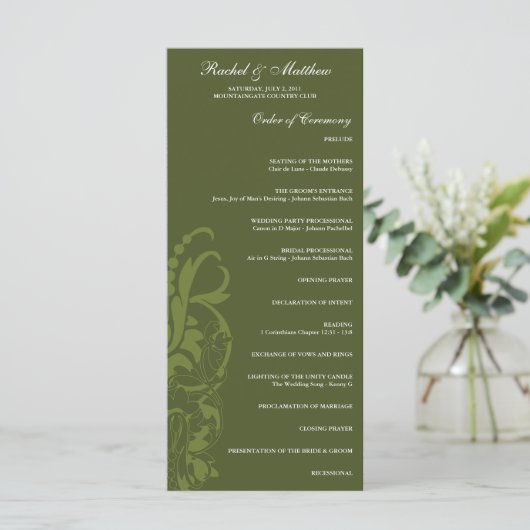 Olive Green Bloemen Trouwprogramma Programmakaart (Staand voorkant)