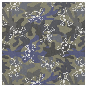 Olive Green Blue Camo Pattern Skulls Stof