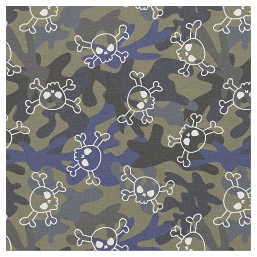 Olive Green Blue Camo Pattern Skulls Stof (Close Up)