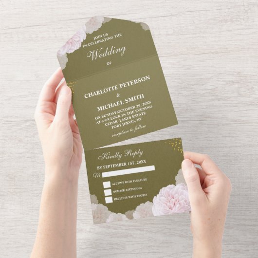 Olive Green & Blush Pink Peony Wedding All In One Uitnodiging (Afscheurbaar)