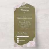 Olive Green & Blush Pink Peony Wedding All In One Uitnodiging (Binnen)