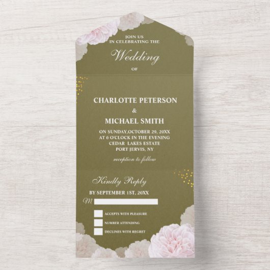 Olive Green & Blush Pink Peony Wedding All In One Uitnodiging (Binnen)