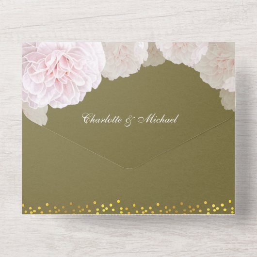  Olive Green & Blush Pink Peony Wedding All In One Uitnodiging (Achterkant)