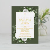 Olive Green Boho Bloemen Eerste Heilige Communie G Folie Uitnodiging (Staand Voorkant)