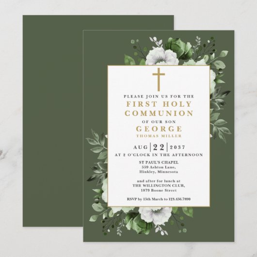 Olive Green Boho Floral Eerste Heilige Communie Kaart (Voorkant / Achterkant)