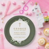 Olive Green Boho Floral Eerste Heilige Communie Papieren Bordje (Feest)