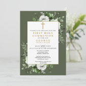 Olive Green Boho Floral Eerste Heilige Communie Save The Date (Staand voorkant)