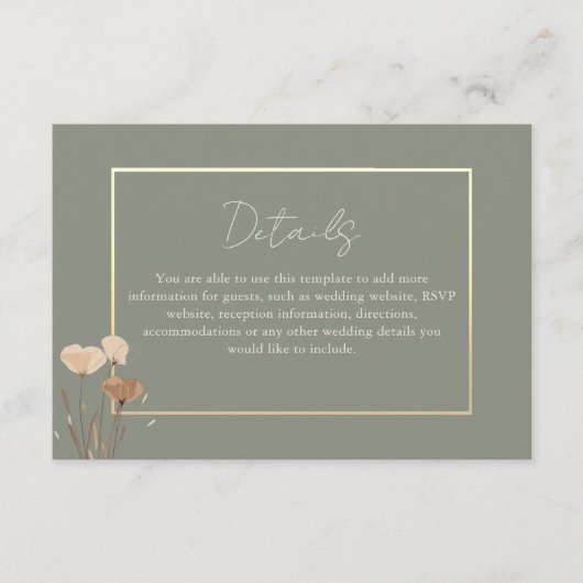 Olive Green Boho Floral Wedding Details Kaart (Voorkant)